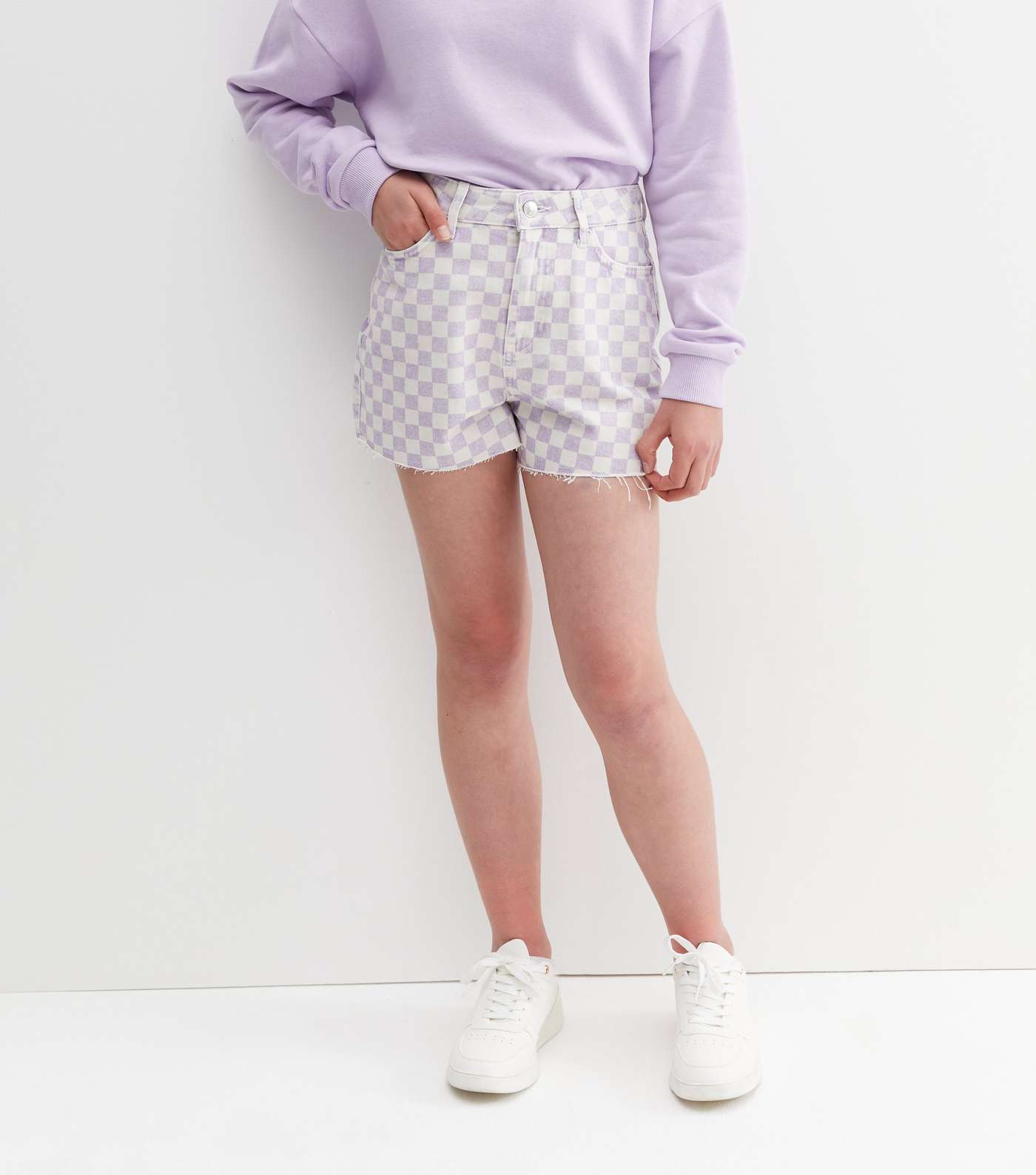 Girls Lilac Checkerboard Denim Frayed Hem Shorts Image 2