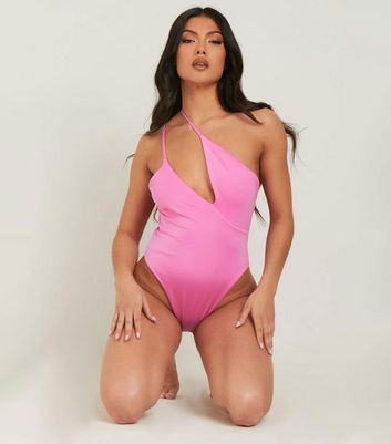 Missy Empire Mid Pink Asymmetric Strappy Swimsuit New Look