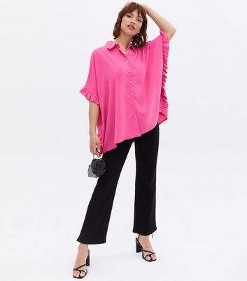 Cameo Rose Bright Pink Frill Oversized Shirt New Look