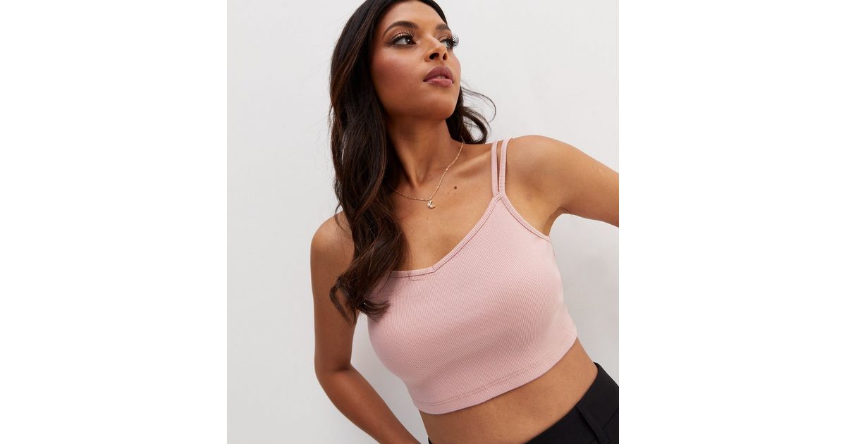 Pink Ribbed Double Strap Crop Bralette