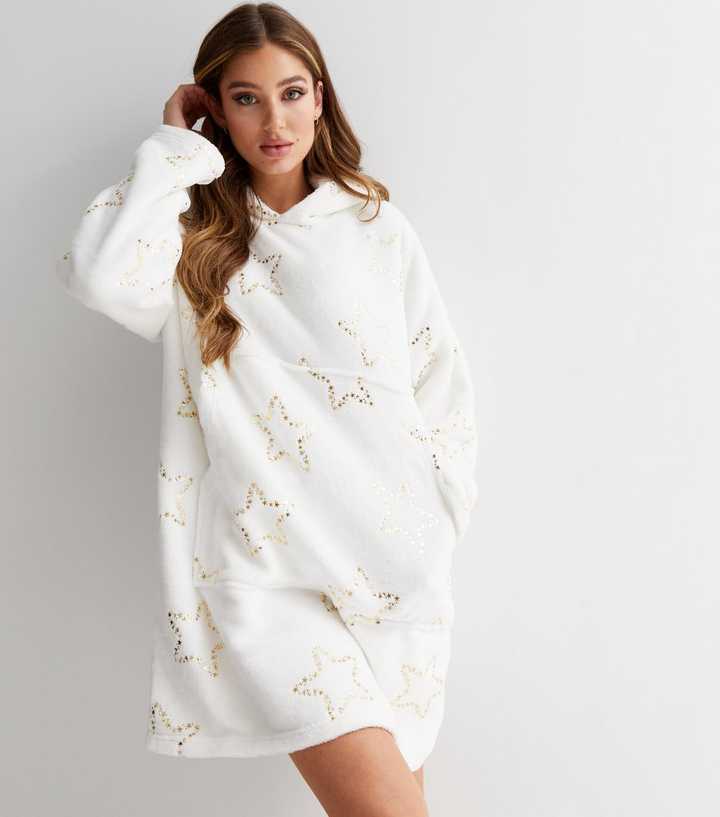 White Metallic Star Fleece Oversized Blanket Hoodie | New Look