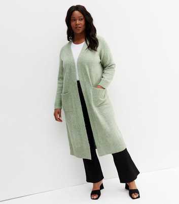 Curves Mint Green Knit Pocket Midi Cardigan