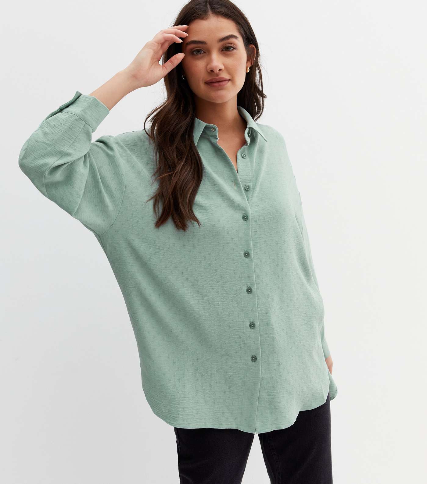 Light Green Textured Oversized Shirt Image 2