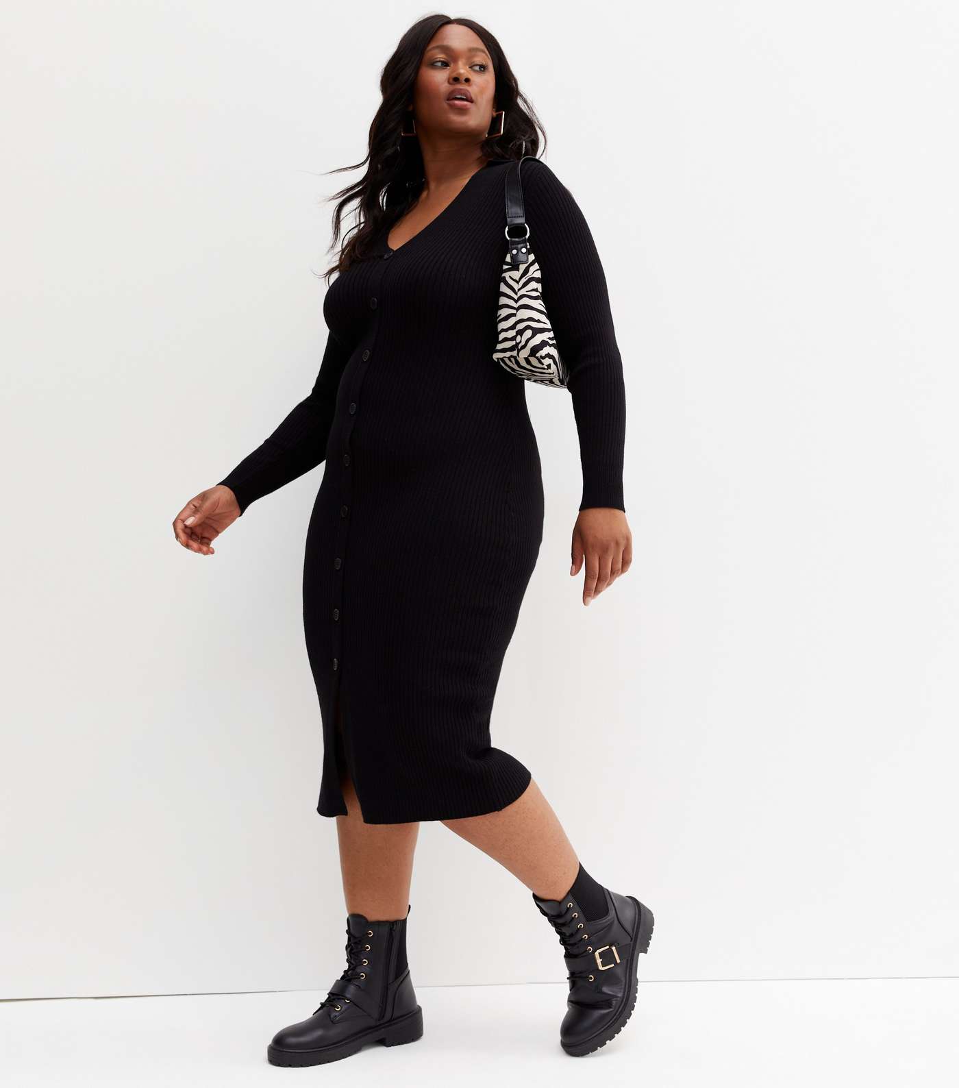 Curves Black Ribbed Knit Button Front Midi Polo Dress