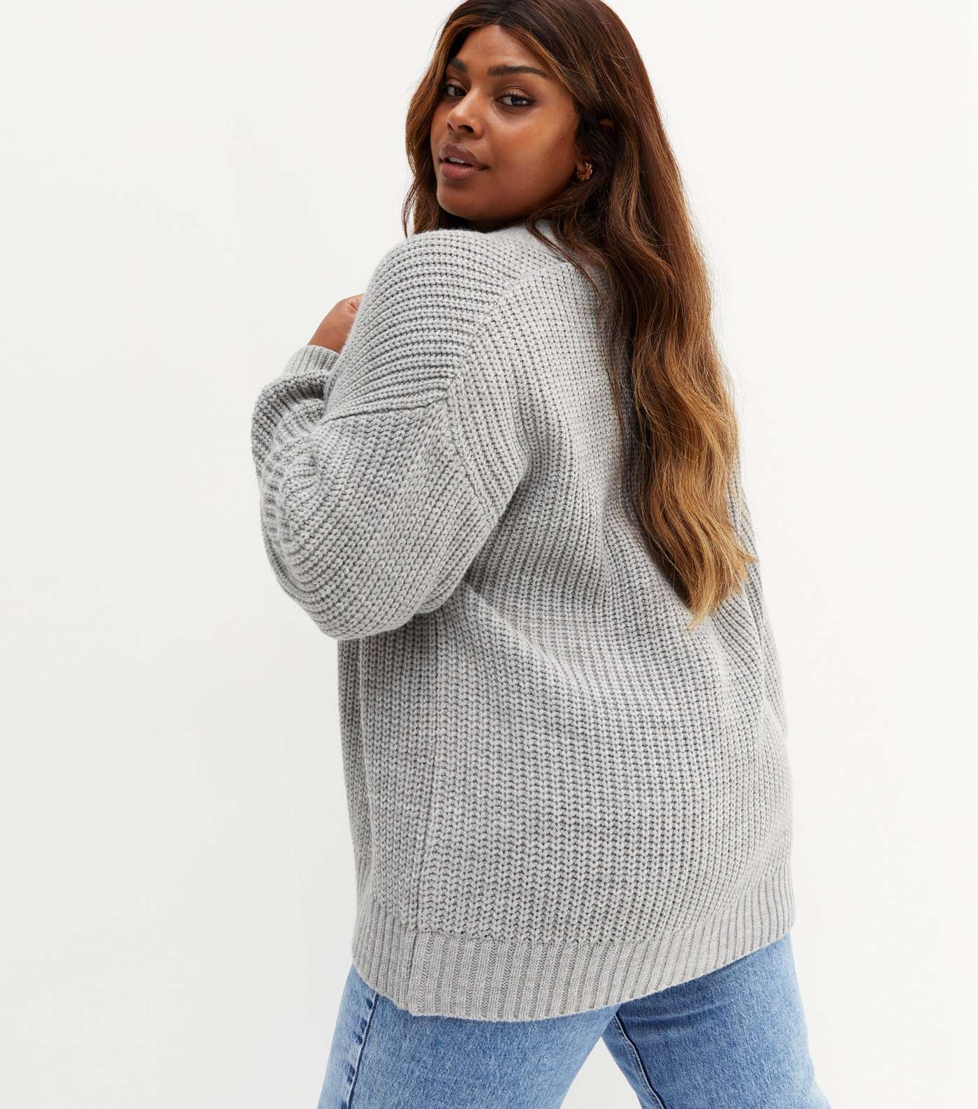Curves Pale Grey Knit Long Puff Sleeve Cardigan Image 4