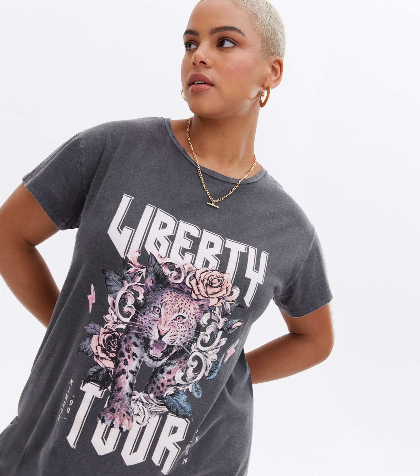 Curves Dark Grey Leopard Print Acid Wash Liberty Tour Logo T-Shirt