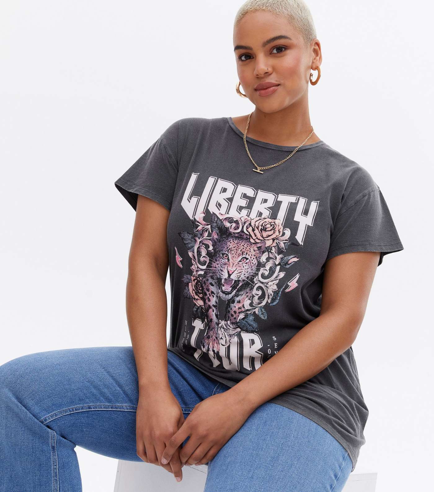 Curves Dark Grey Leopard Print Acid Wash Liberty Tour Logo T-Shirt Image 3