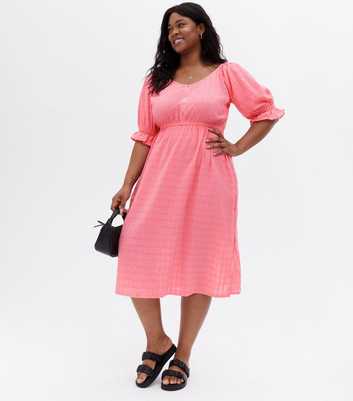 Curves Coral Check Textured Puff Sleeve Midi Dress