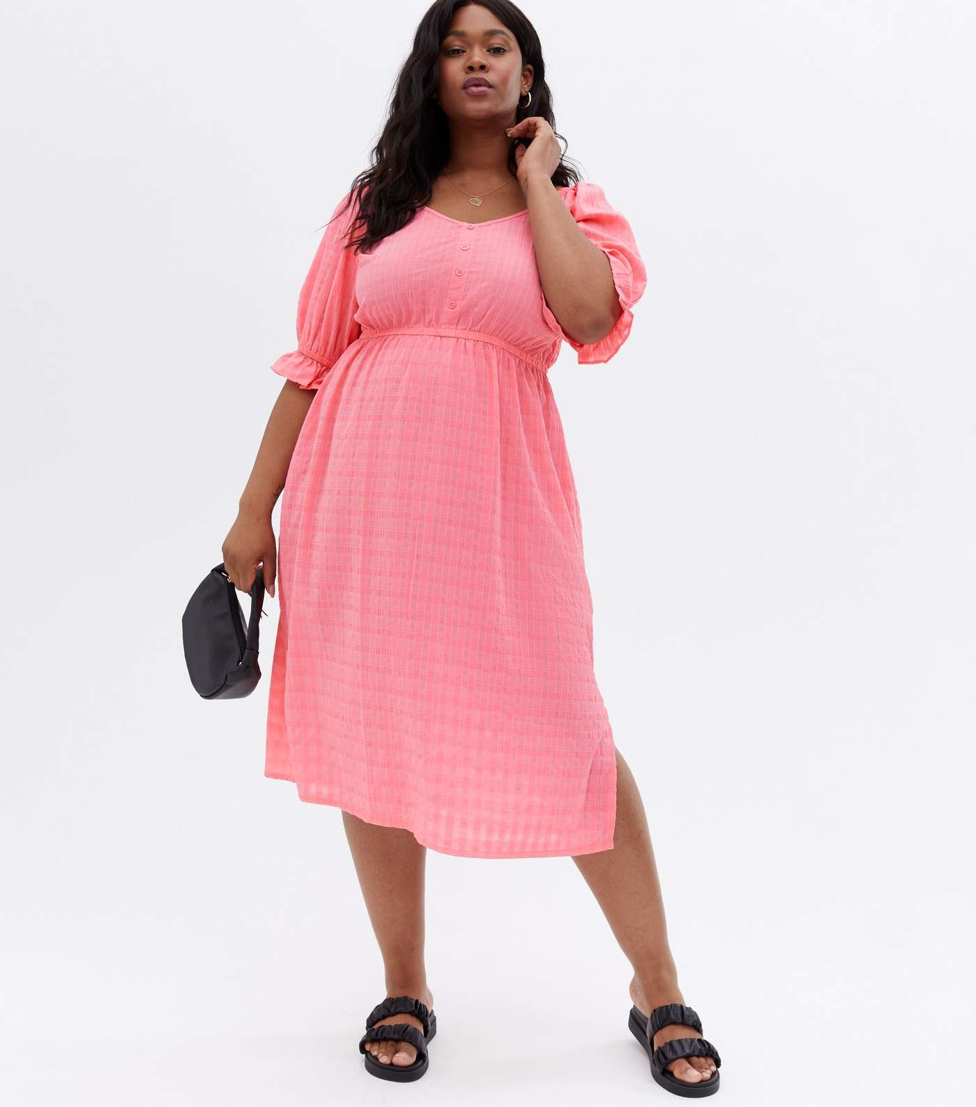 Curves Coral Check Textured Puff Sleeve Midi Dress Image 2