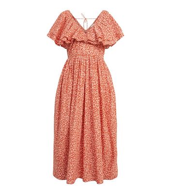 Vila Orange Abstract Frill Tie Back Midi Dress New Look