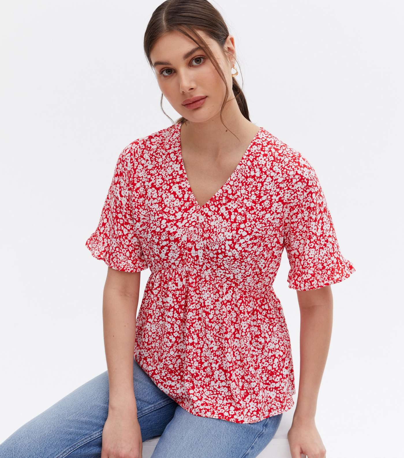 Red Floral Frill Peplum Blouse