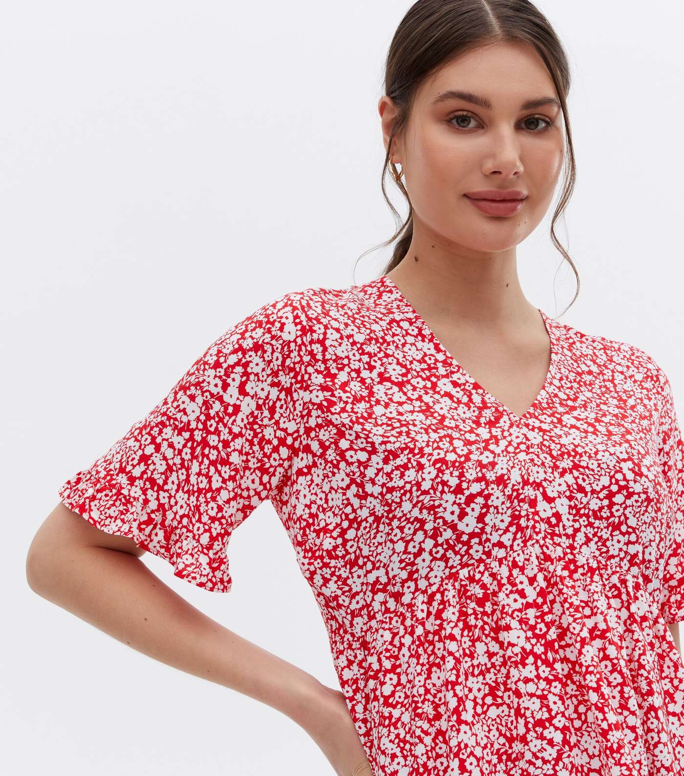 Red Floral Frill Peplum Blouse Image 3