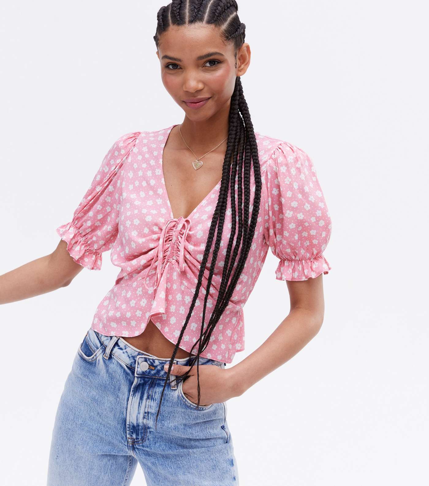 Pink Ditsy Floral Ruched Tie Front Crop Top
