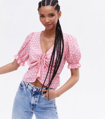 Pink Ditsy Floral Ruched Tie Front Crop 