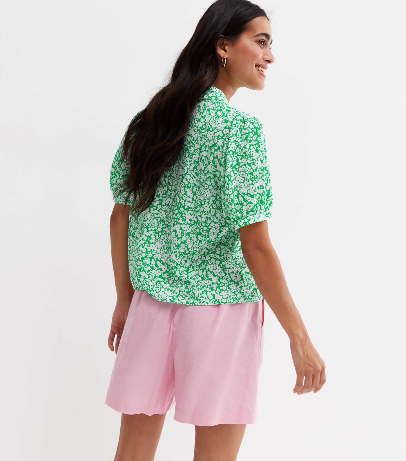 Green Floral Puff Sleeve Crop Shirt Image 4