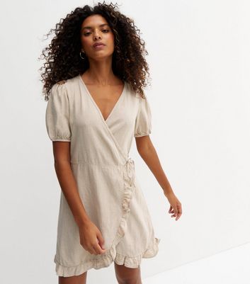 JDY Stone Linen Blend Ruffle Mini Wrap Dress | New Look