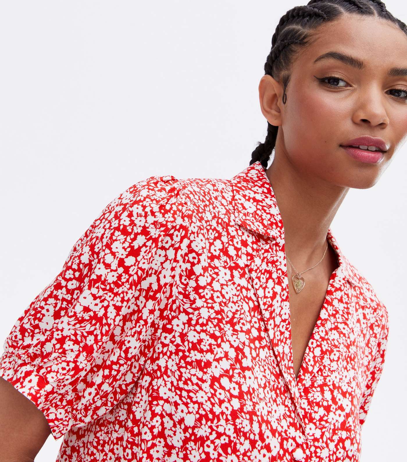 Red Floral Puff Sleeve Crop Shirt Image 3