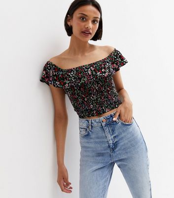 Black Floral Shirred Bardot Crop Top New Look