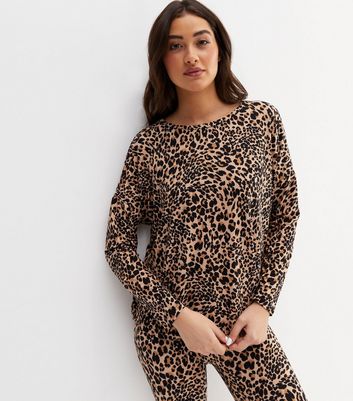 Brown Soft Touch Legging Pyjama Set with Leopard Print