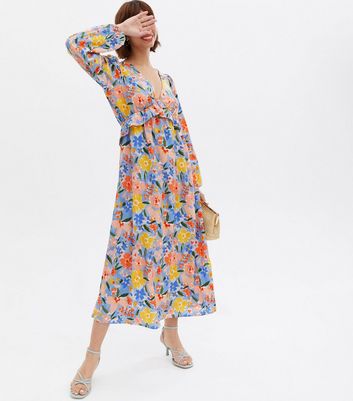 VILA Blue Floral Frill Long Sleeve Midi 