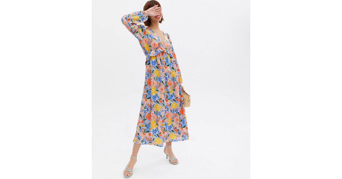 VILA Blue Floral Frill Long Sleeve Midi Dress | New Look