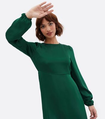 VILA Dark Green Satin Long Sleeve Midi 