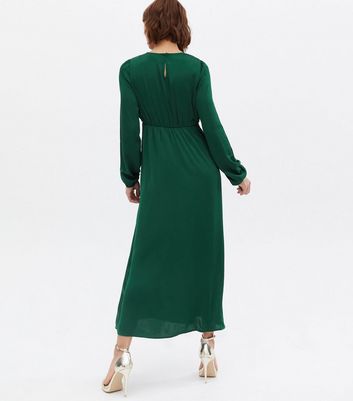VILA Dark Green Satin Long Sleeve Midi 