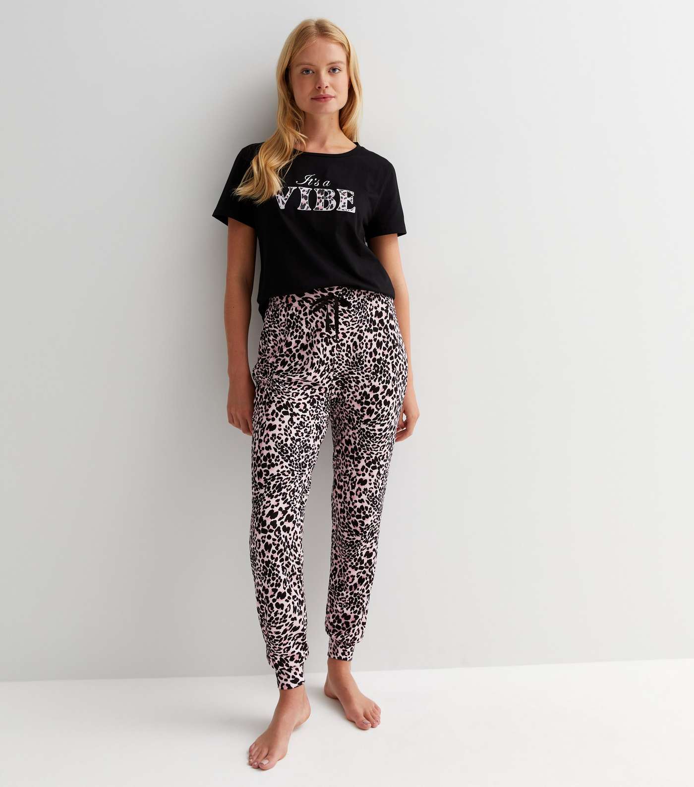 Black Animal Print Soft Touch Jogger Pyjama Set with Vibe Logo