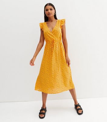 JDY Orange Floral Frill Midi Wrap Dress