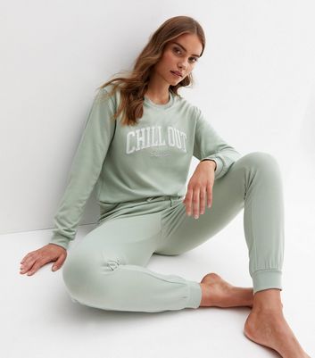 Light Green Chill Out Embroidered Lounge Joggers New Look