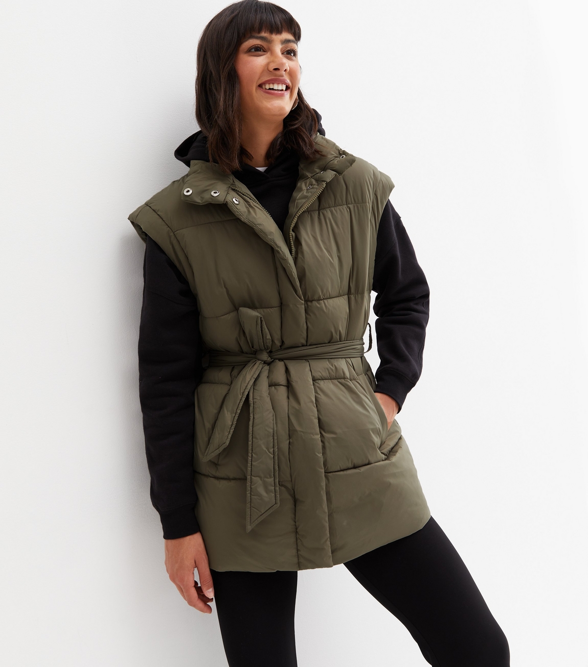 Women's Olive Belted Puffer Gilet New Look