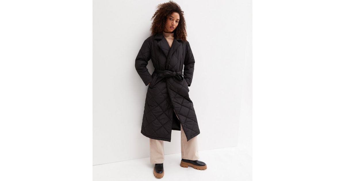 Black Quilted Revere Collar Belted Long Puffer Jacket | New Look