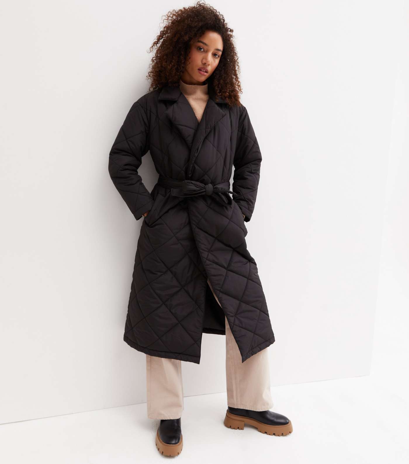 Black Quilted Revere Collar Belted Long Puffer Jacket