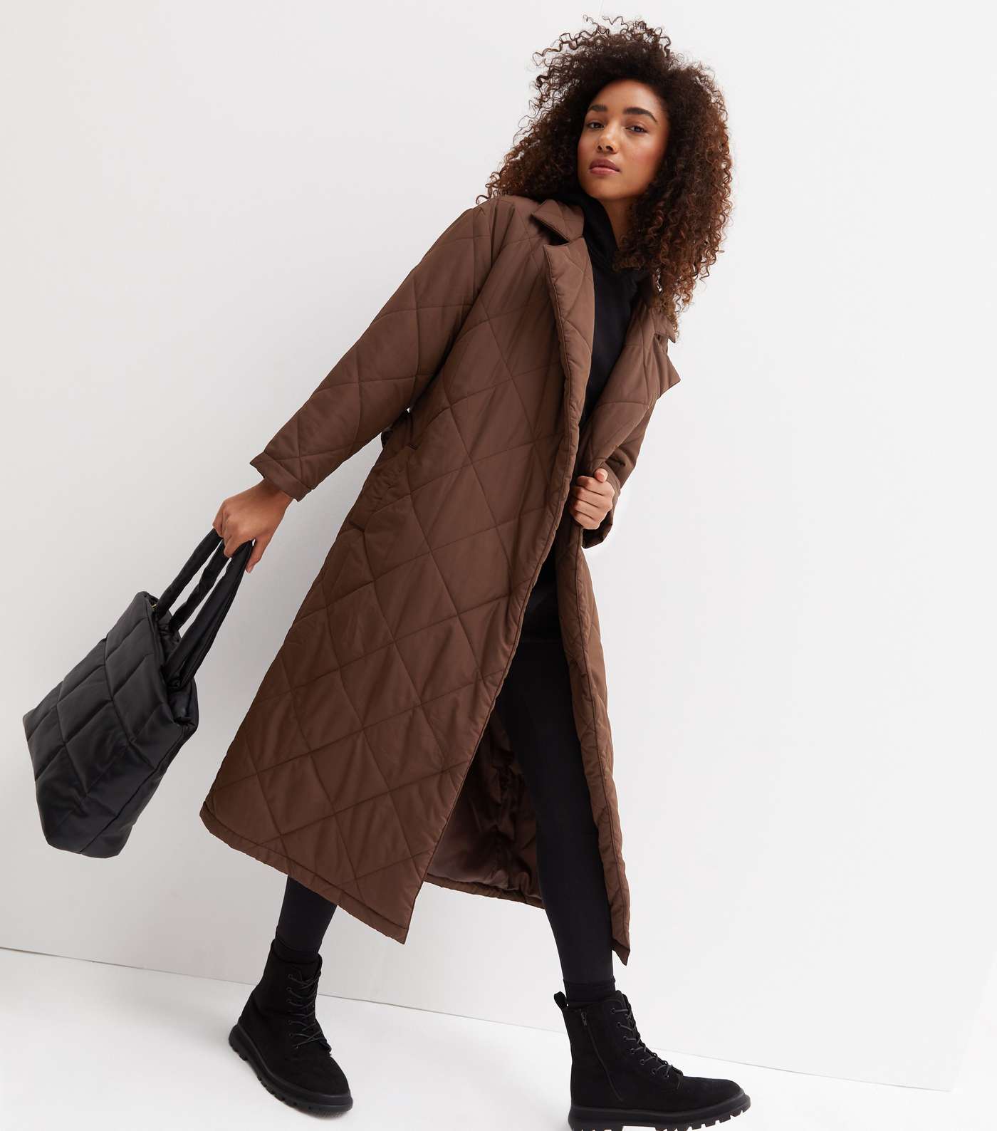 Brown Quilted Revere Collar Belted Long Puffer Jacket Image 2
