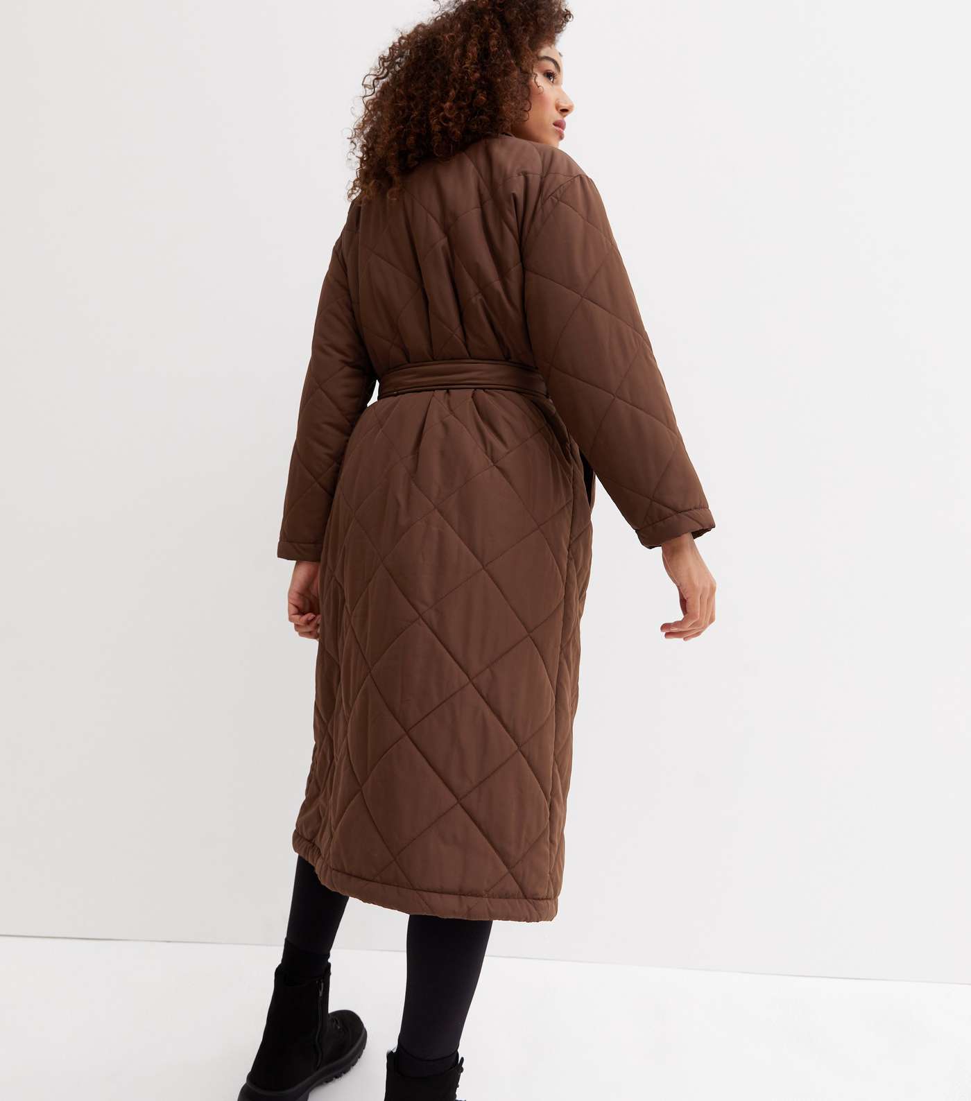 Brown Quilted Revere Collar Belted Long Puffer Jacket Image 4