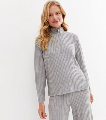 Grey Ribbed Zip High Neck Lounge Sweatshirt
