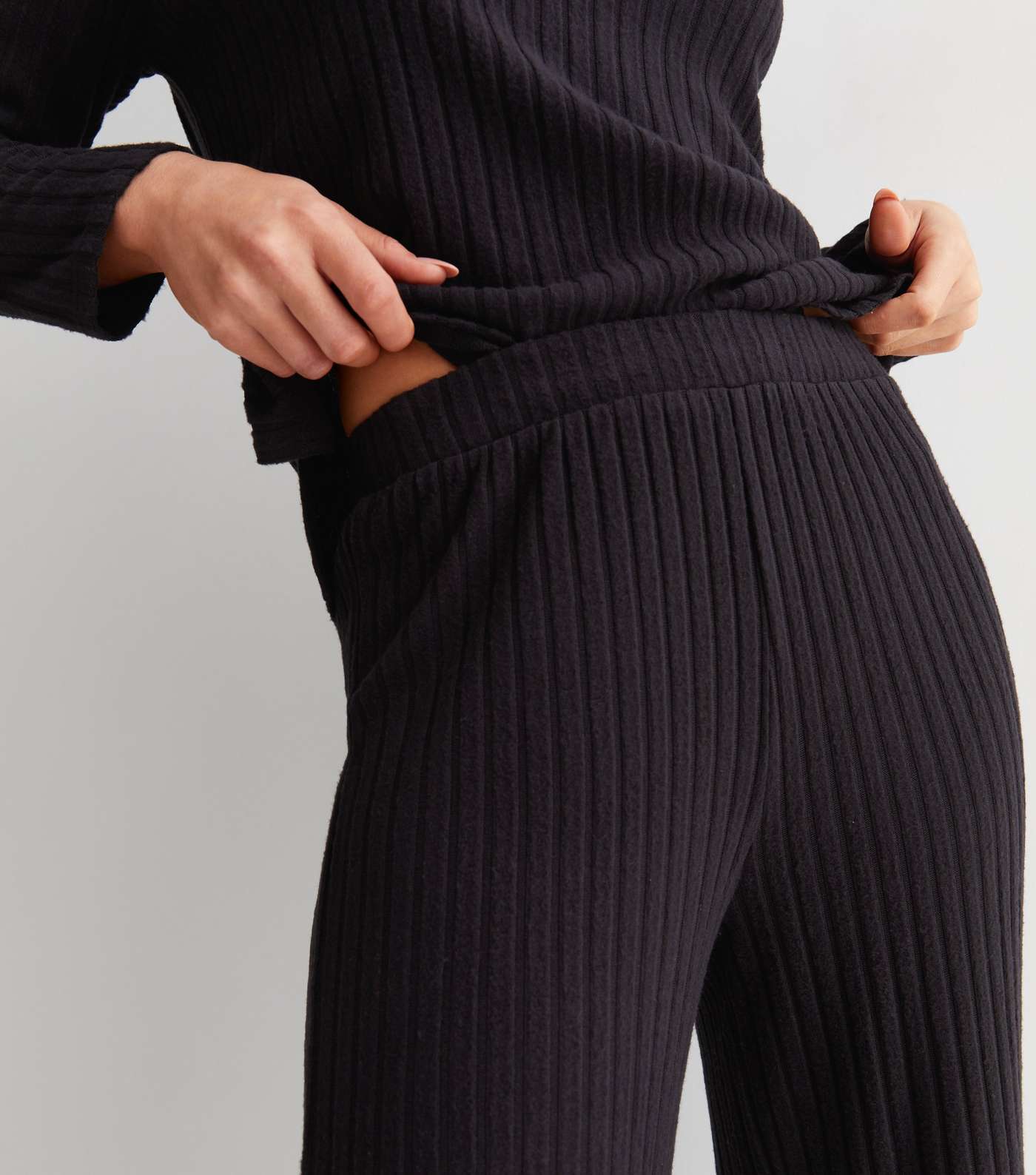 Black Ribbed Split Hem Wide Leg Lounge Trousers Image 3