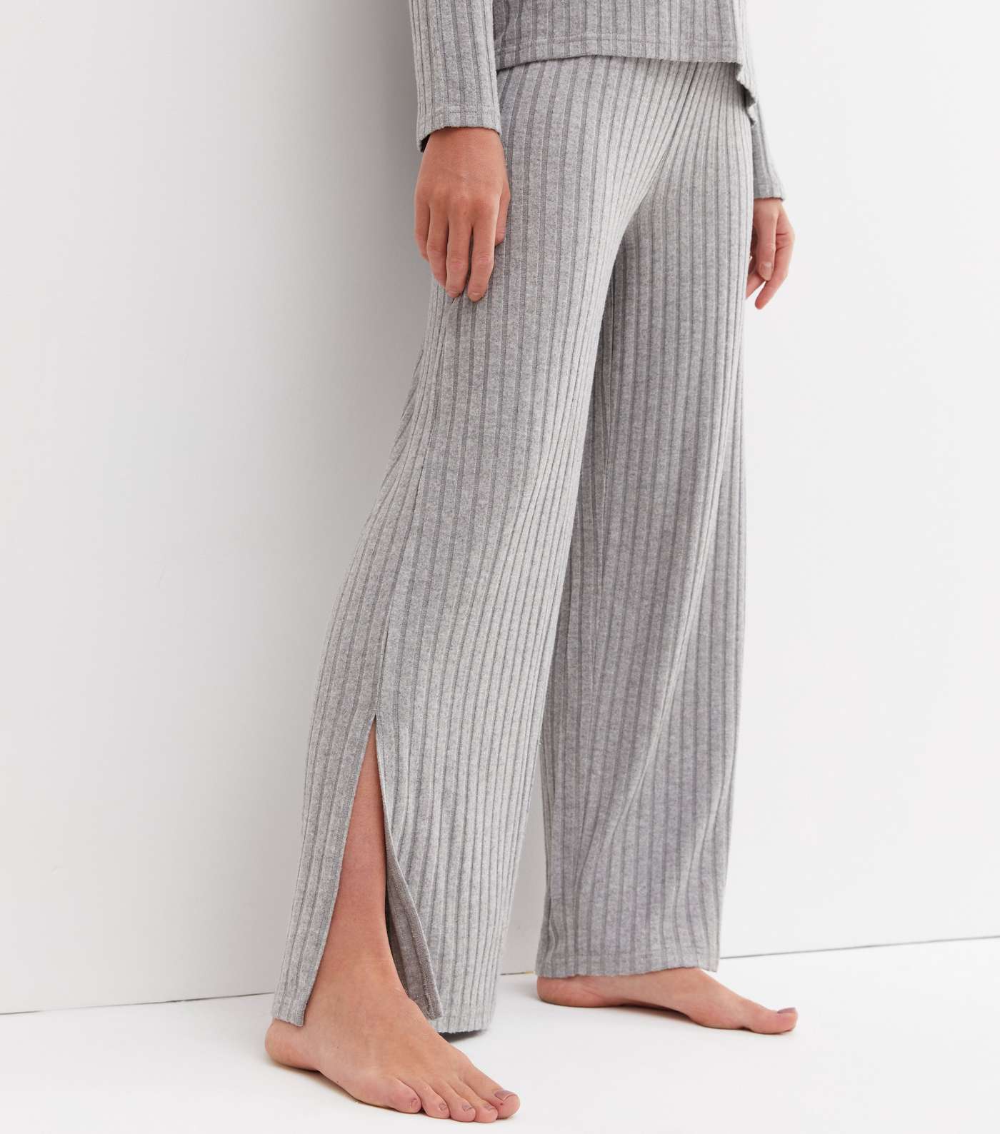 Grey Ribbed Split Hem Wide Leg Lounge Trousers Image 2