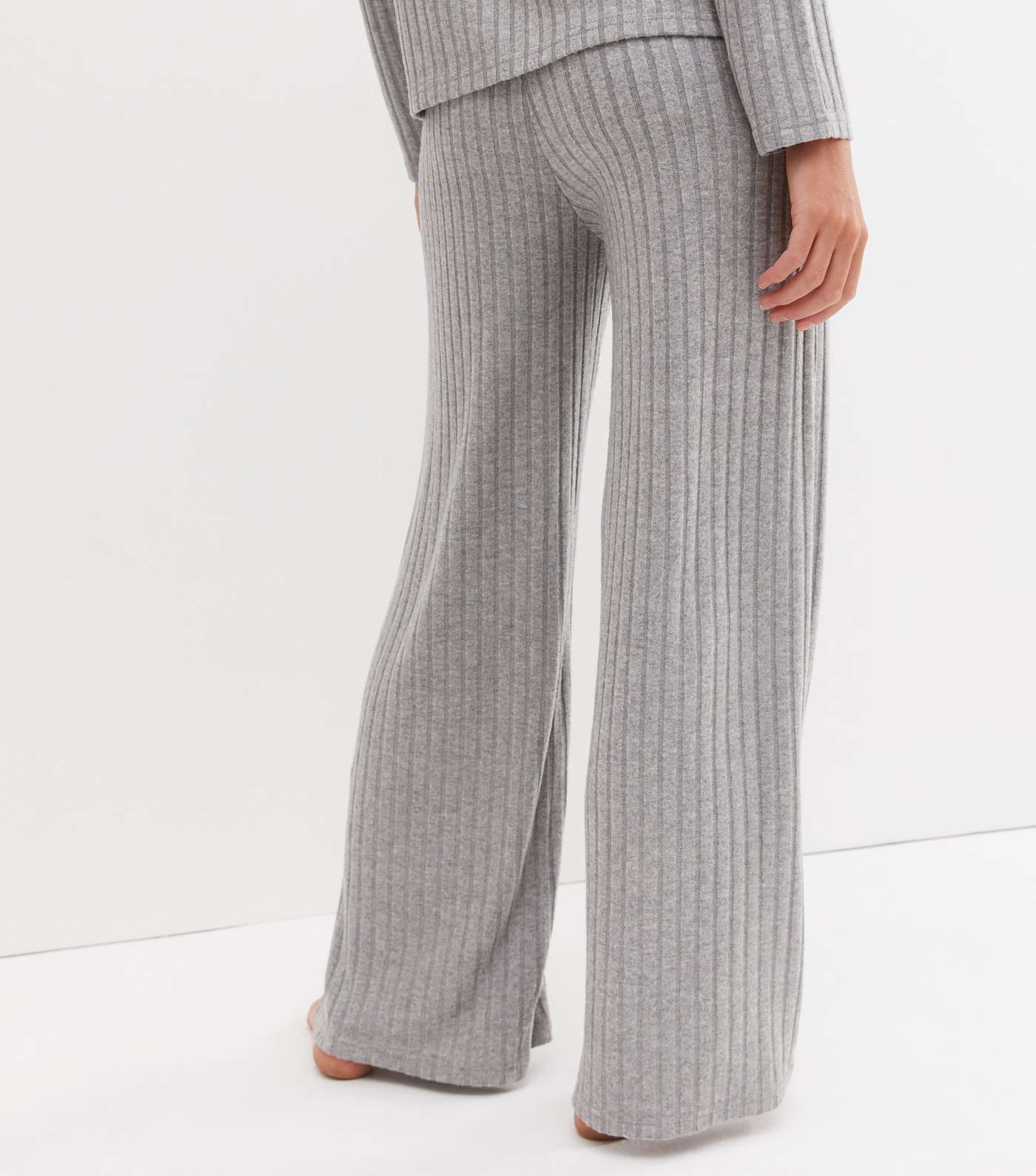 Grey Ribbed Split Hem Wide Leg Lounge Trousers Image 4