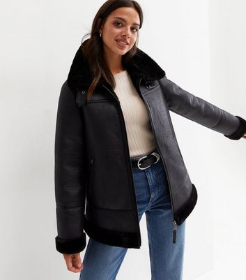 Black faux fur ultimate aviator outlet jacket