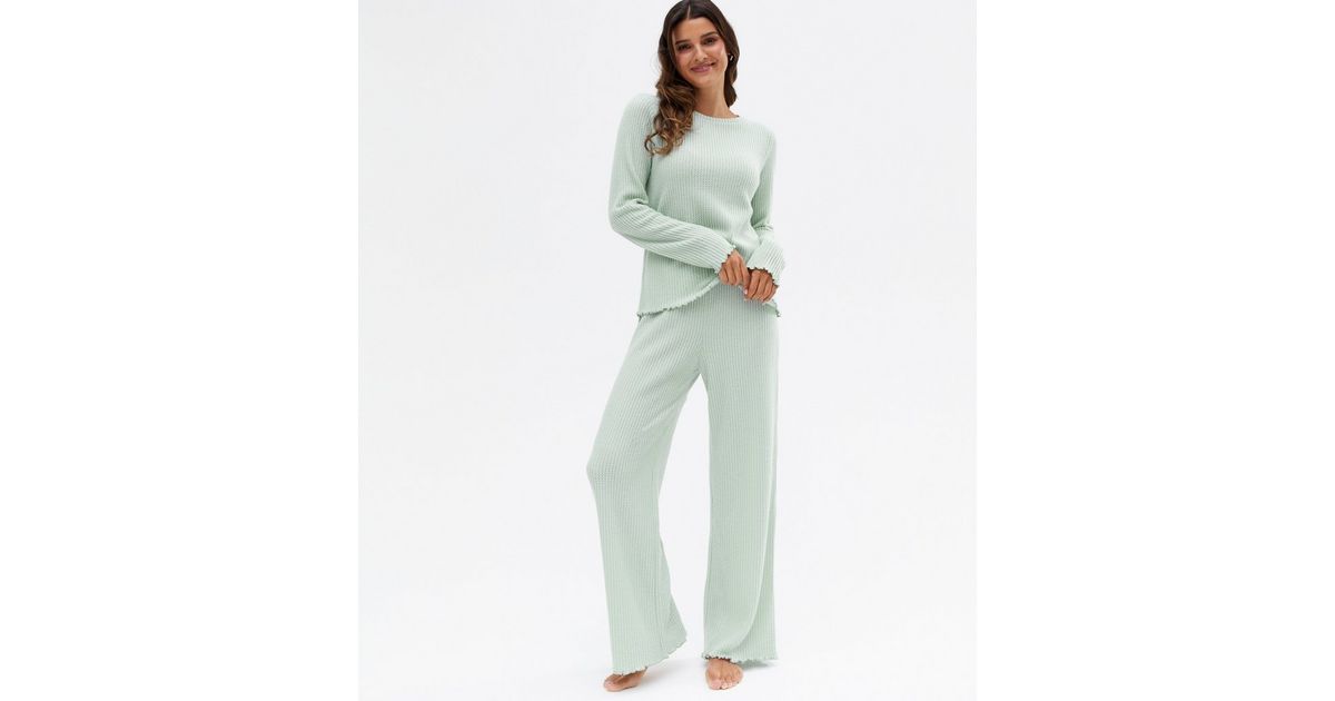 Light Green Brushed Waffle Knit Wide Leg Lounge Trousers | New Look