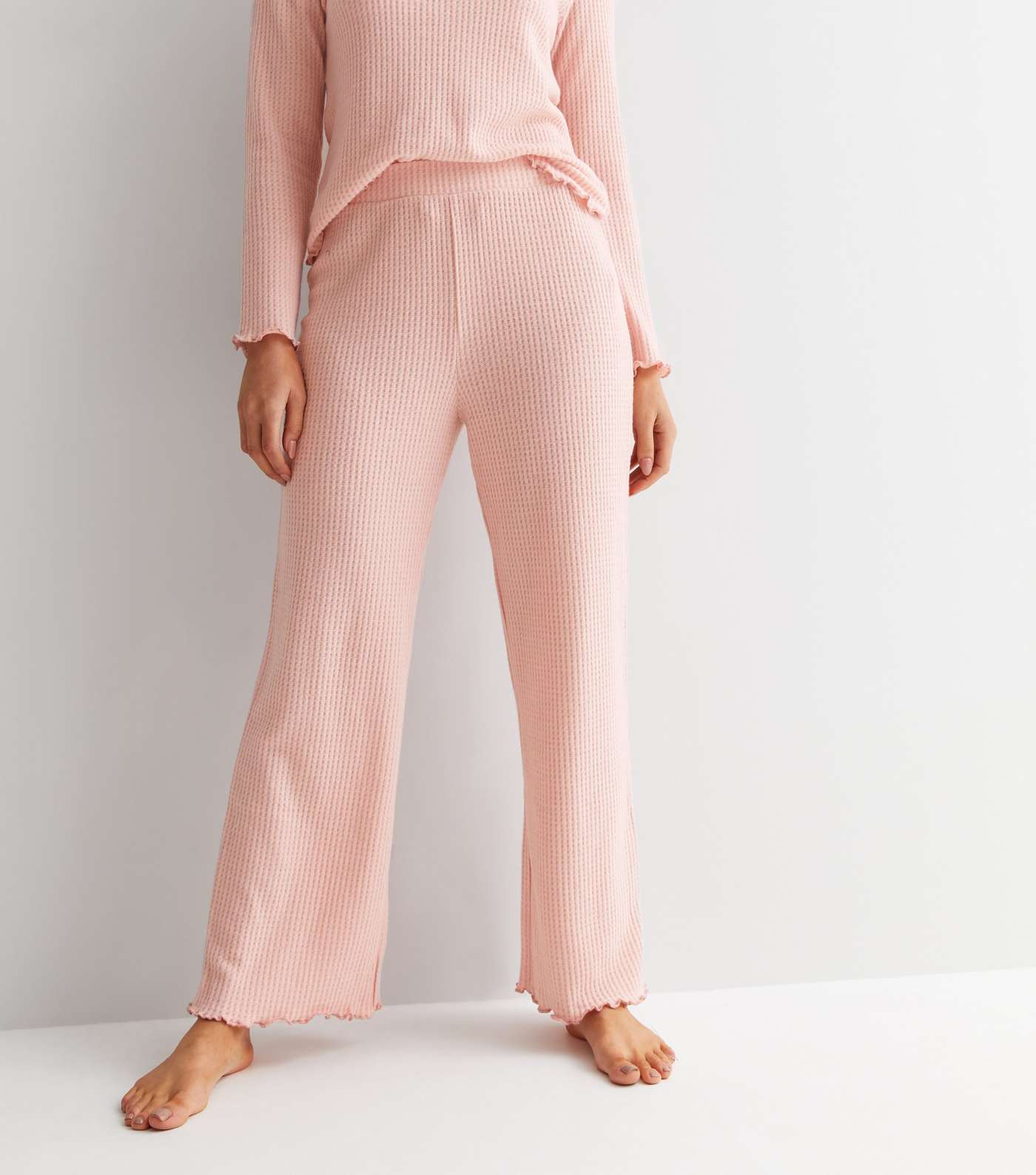 Mid Pink Brushed Waffle Knit Wide Leg Lounge Trousers Image 2