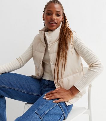 Cream Leather-Look Puffer Crop Gilet 
