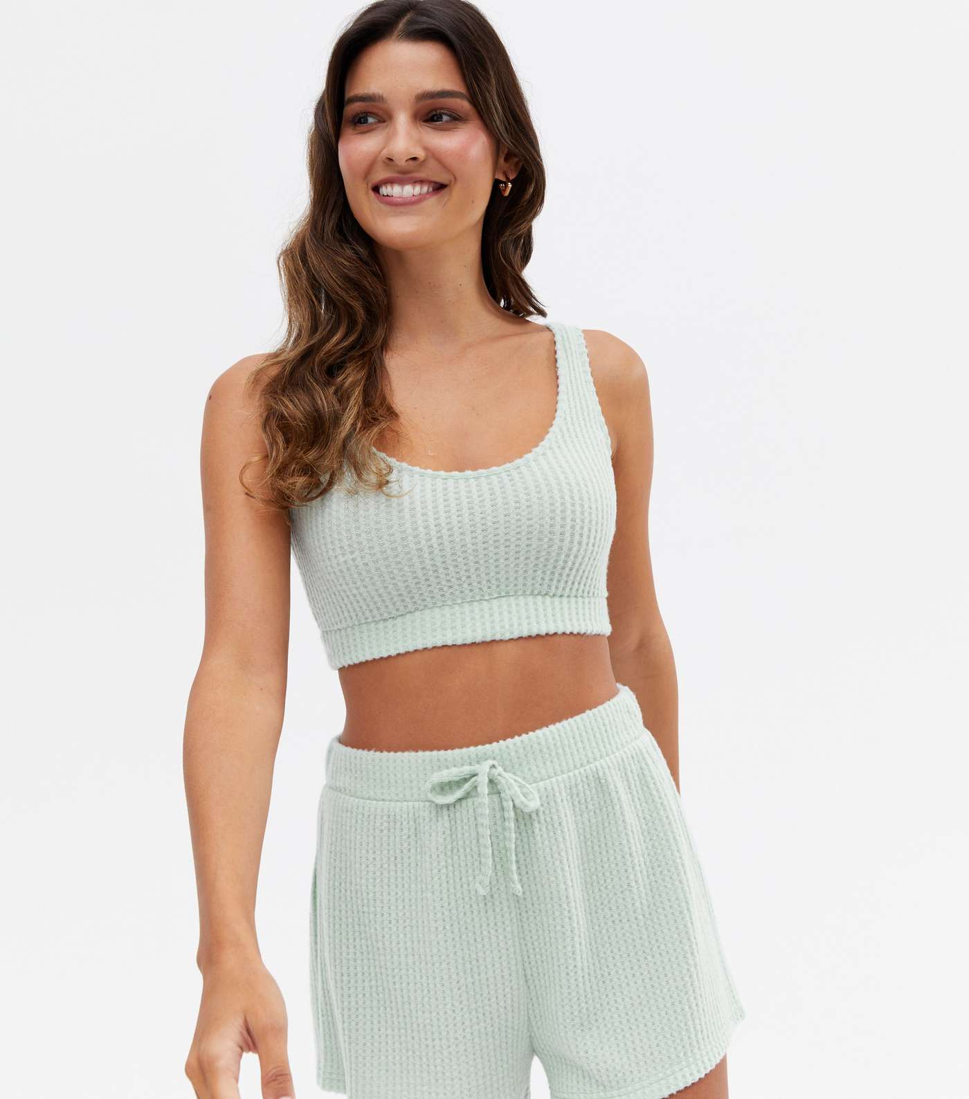 Light Green Brushed Waffle Knit Lounge Crop Top