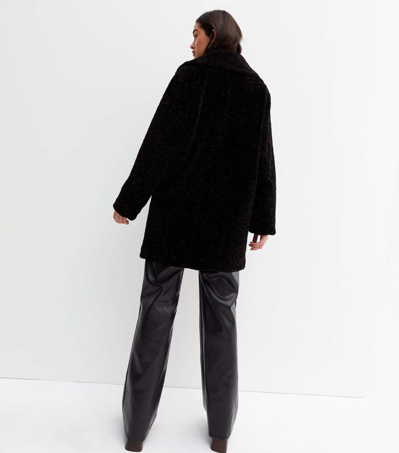 Black Faux Fur Teddy Long Coat Image 4