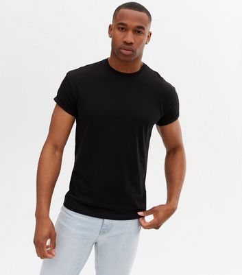 Black Crew Neck Roll Sleeve T-Shirt