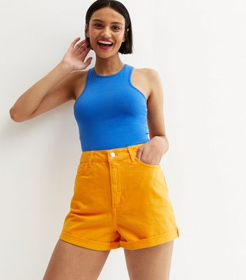 Bright Orange Denim Mom Shorts | New Look
