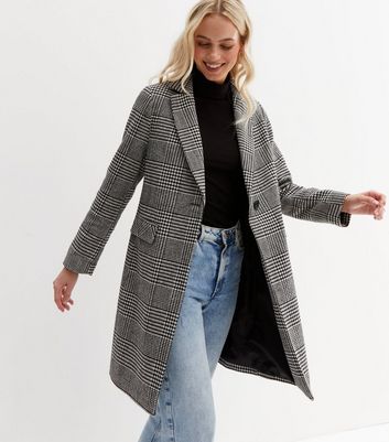Black Dogtooth Check Long Coat | New Look