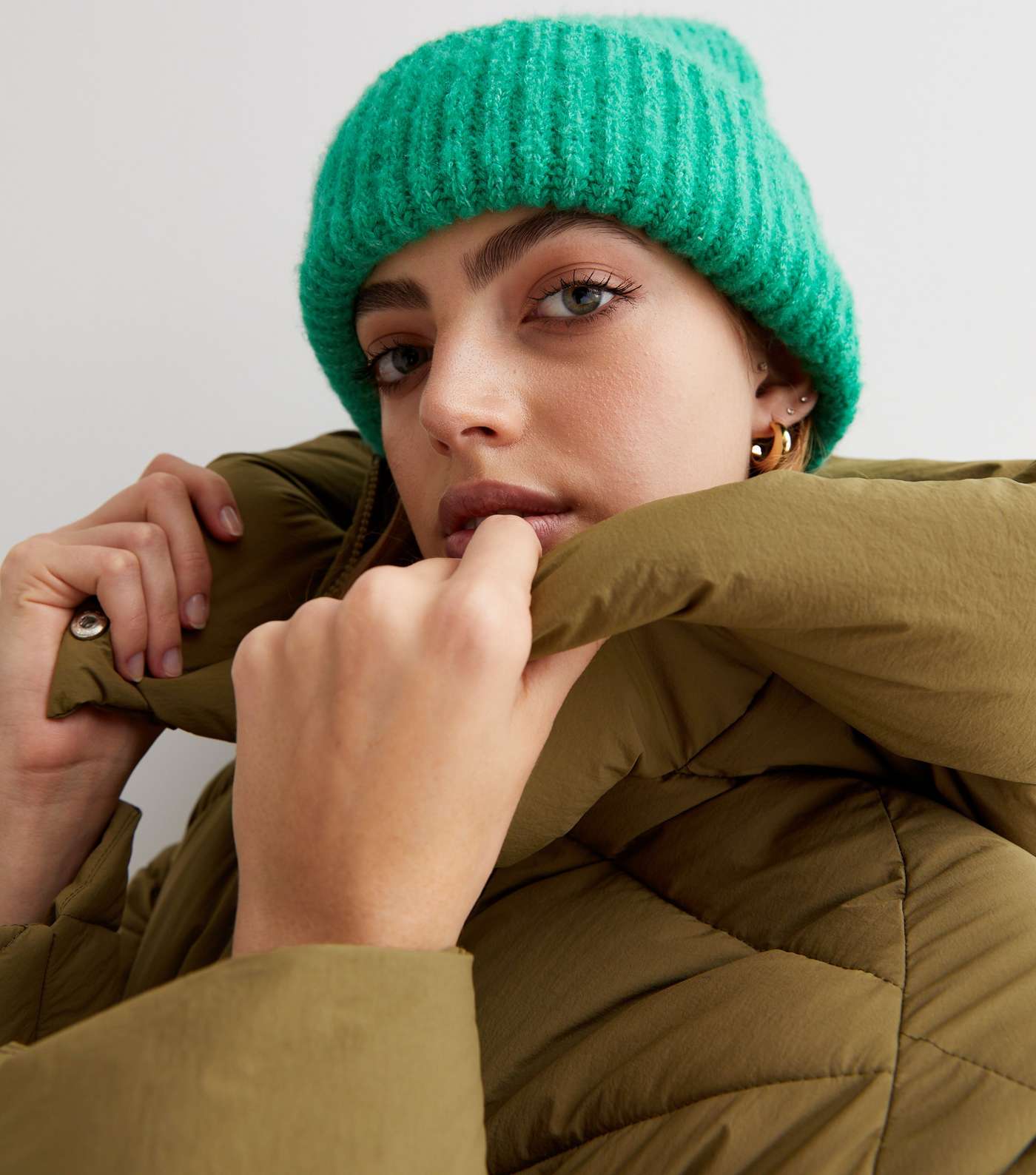 Khaki Triangle Quilted Mid Length Hooded Puffer Jacket Image 2