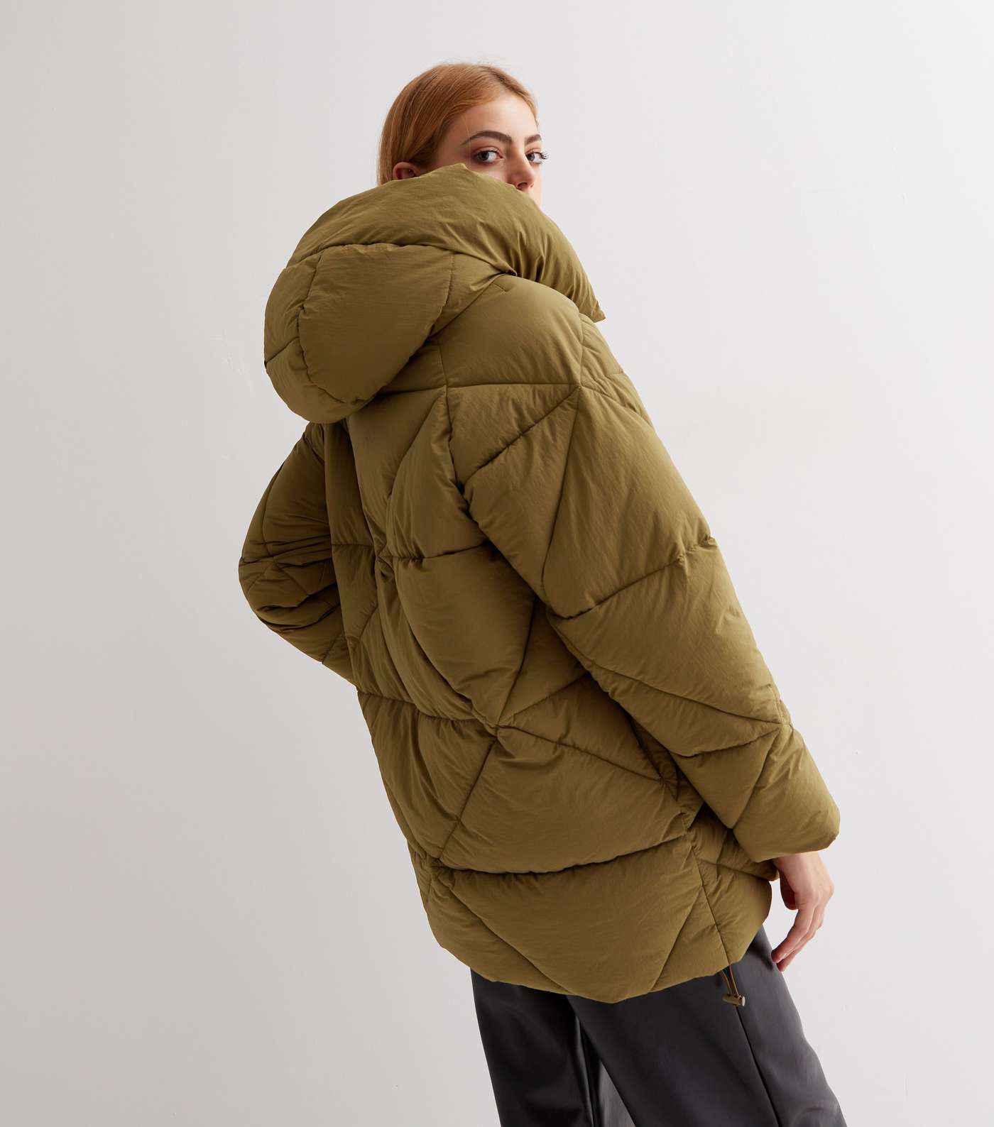 Khaki Triangle Quilted Mid Length Hooded Puffer Jacket Image 4